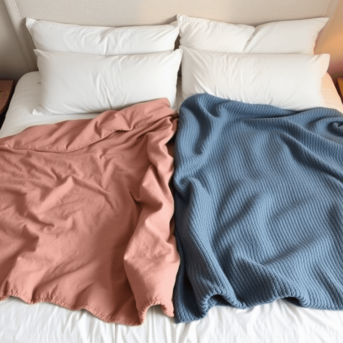 Cozy bedroom with a neatly made bed featuring a lightweight blanket and a textured weighted blanket, soft warm lighting, plush pillows, and gentle shadows.