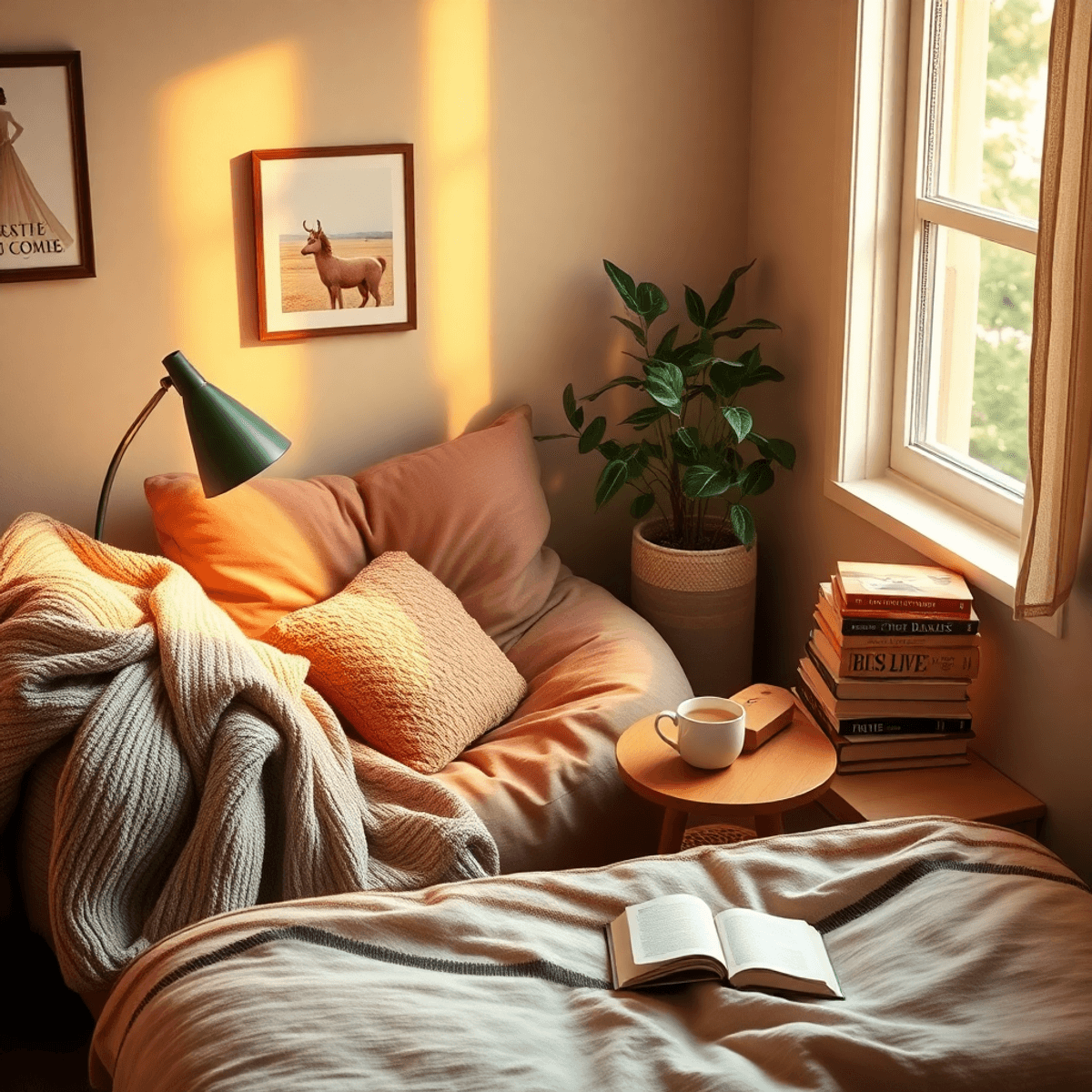 Cozy bedroom corner with cushioned armchair, throw blanket, wooden side table with tea cup, books, potted plant, and sunlight streaming through window.